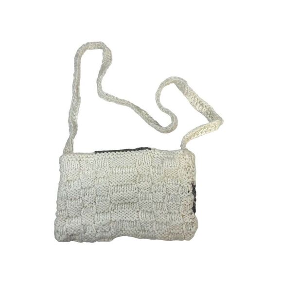 Handmade Crochet Knit Purse Button Closure White & Gray Striped Bag Boho Y2K - Picture 3 of 5